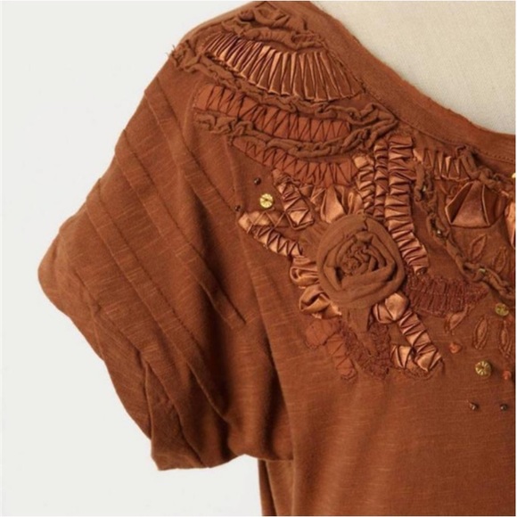 Anthro C. Keer Ribbon Embroidered Floral Beaded Embellished T-Shirt Tee Shirt - Picture 3 of 11